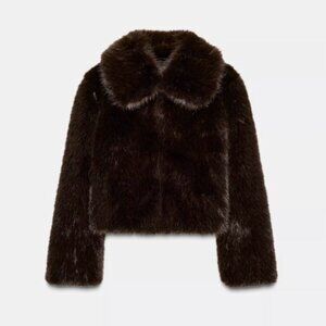 ZARA Brown Faux Fur Jacket with Collar and Toggle Closure- XS